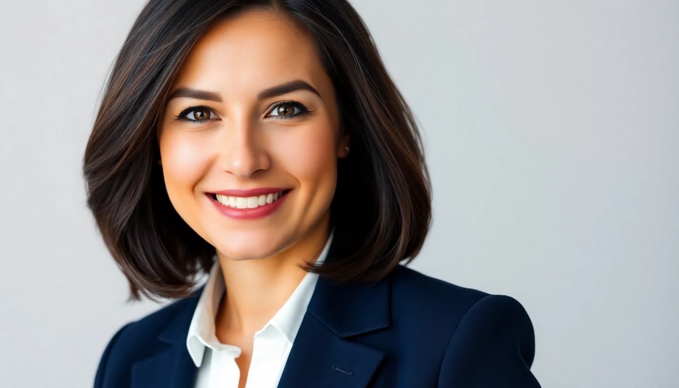 A photorealistic ai generated professional headshot showcasing a confident executive in a navy blazer.