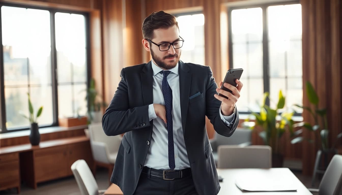 CEO, konzentriert auf ein Smartphone, repräsentiert Headhunter CEO in modernem Büro.