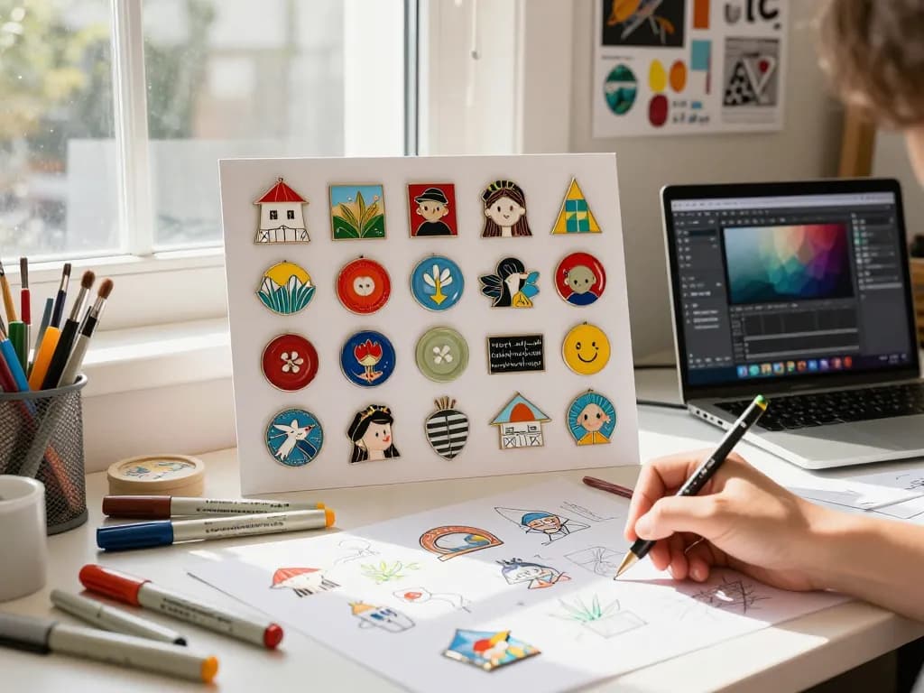 Individuelle pins showcased on a creative table with art supplies and design software, demonstrating customization options.