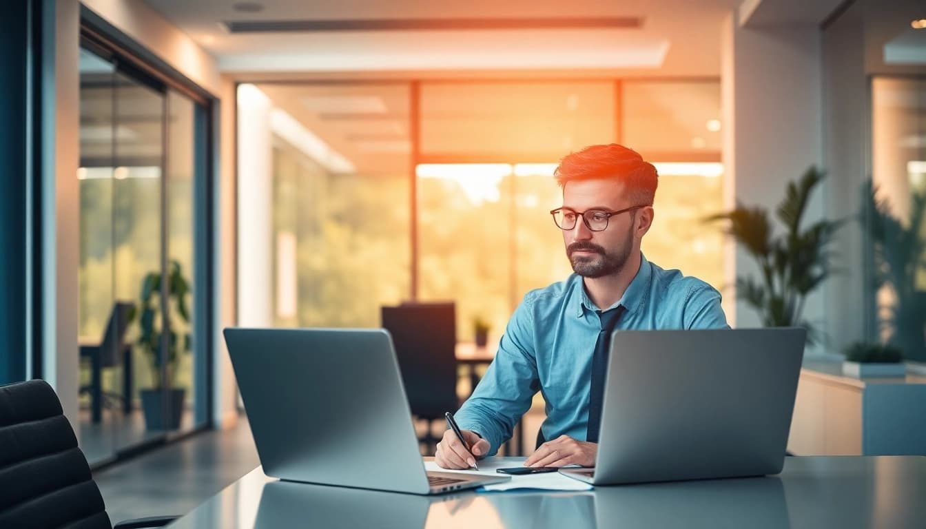 Unternehmensberatung: Unternehmensberater analysiert Daten und plant Strategien in einem modernen Büroumfeld.