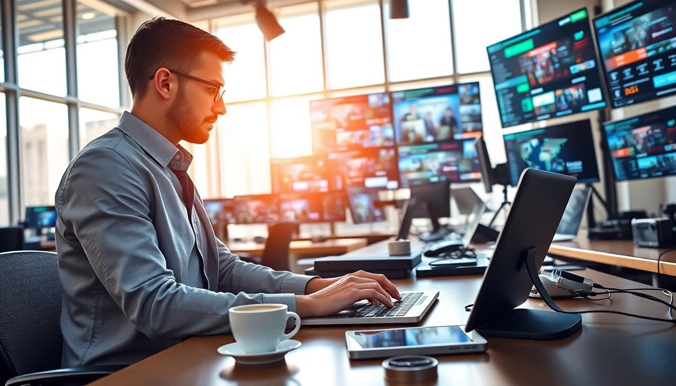 Technik News Berichterstattung durch einen Journalisten in einem modernen Nachrichtenbüro.