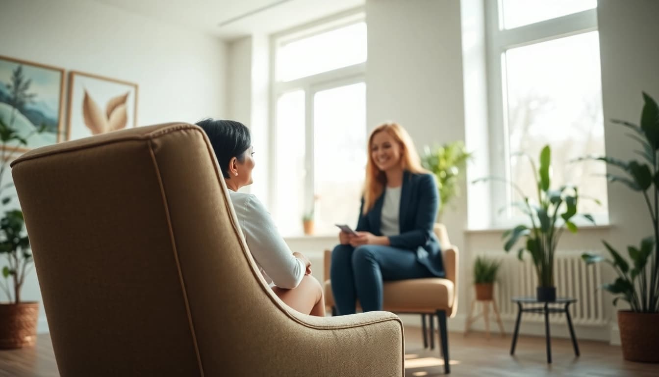 Enhancing emotional wellbeing through a supportive therapy session in a calming environment.