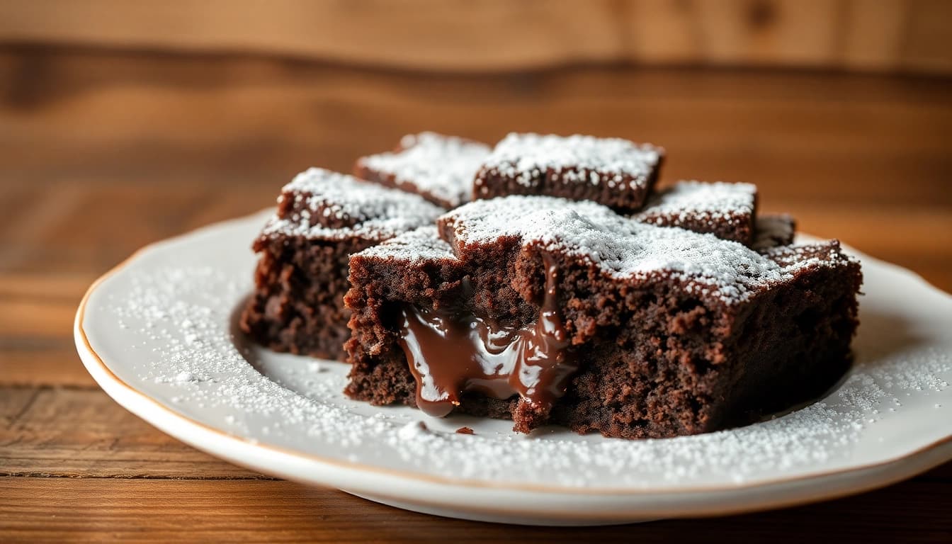Bite into delicious hashbrownies with rich chocolate texture and a dusting of powdered sugar.