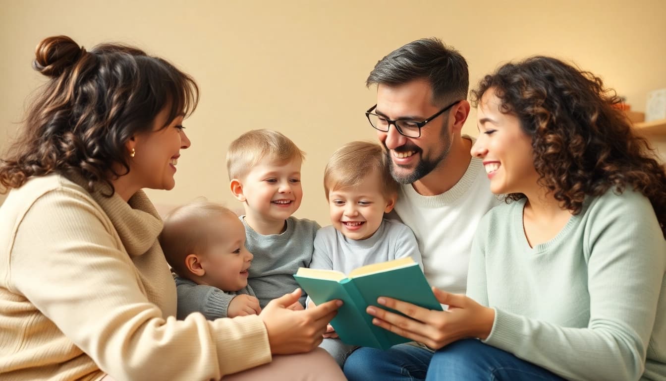 Kindererziehung: Eltern interagieren liebevoll mit ihren Kindern in einem gemütlichen Raum, was ein Gefühl von Geborgenheit vermittelt.
