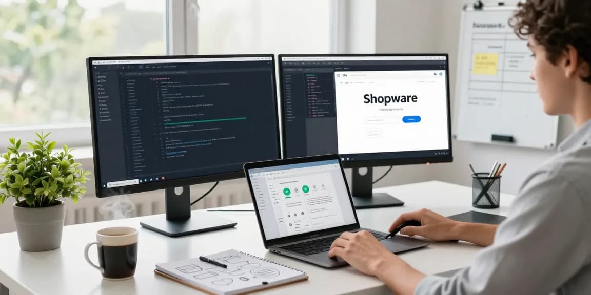 Shopware-Freelancer entwickelt eine E-Commerce-Lösung in einem hellen Homeoffice und zeigt moderne Elemente des Arbeitsplatzes.