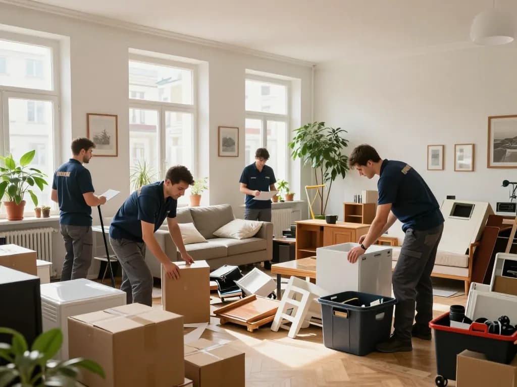 Räumung Wien mit professionellem Team, das während der Räumung effizient Haushaltsgegenstände in einer hellen Wohnung organisiert.
