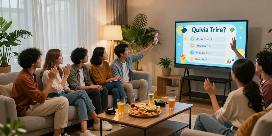 Gruppensitzung im Wohnzimmer beim Quiz Allgemeinwissen, Freunde beantworten Fragen gemeinsam.