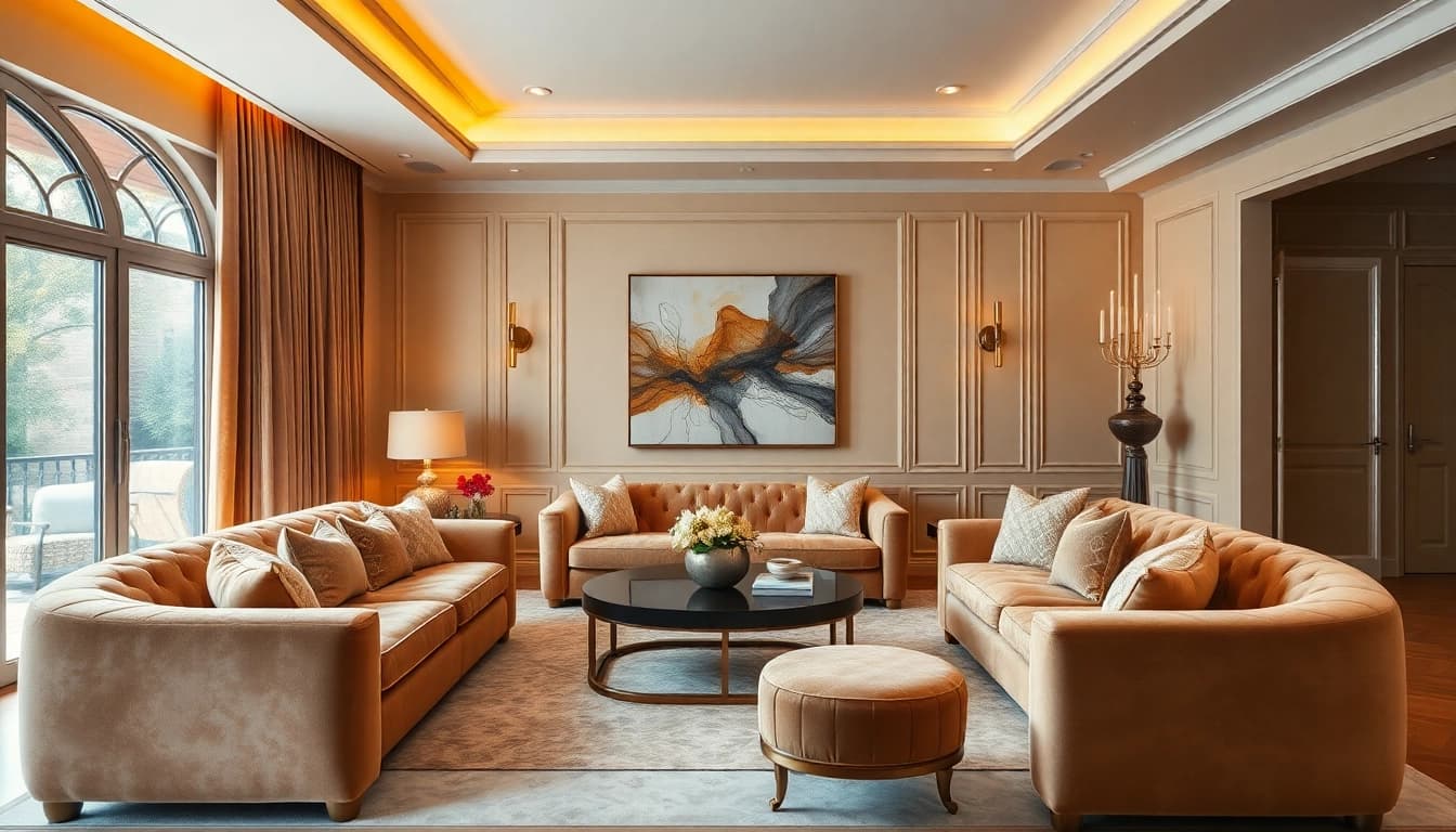 Luxury living room design showcasing plush velvet furniture and elegant decor in a warm ambiance.
