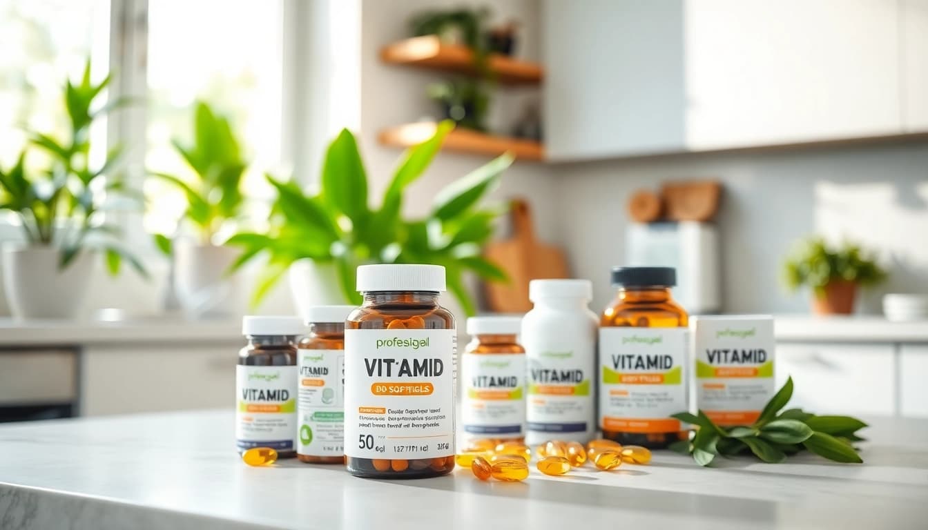 Vegane Nahrungsergänzungsmittel in modernen Designs, die Gesundheit und Wohlbefinden fördern.