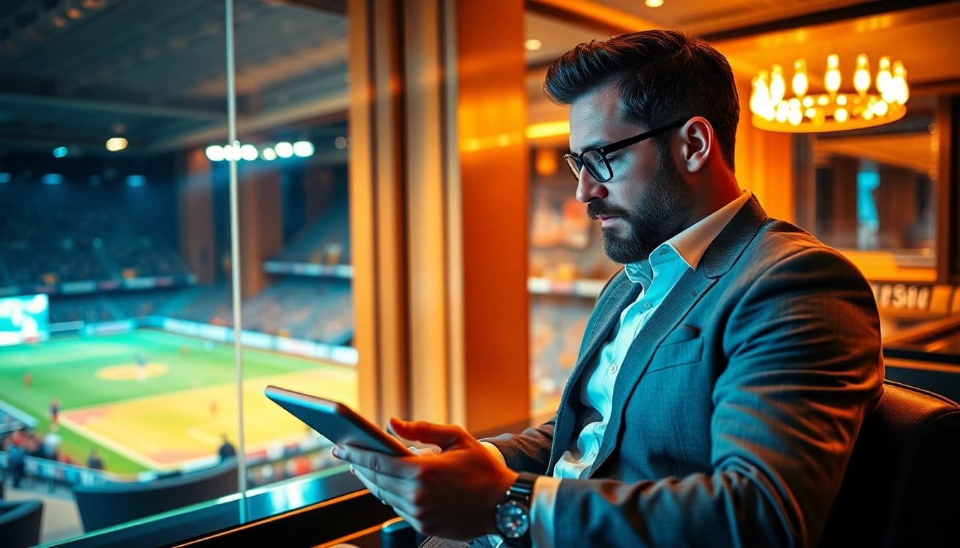 Genießen Sie Sportwetten ohne Einzahlungslimit in einem luxuriösen Ambiente mit einem Hochroller, der auf ein Tablet blickt.