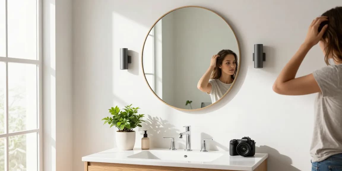 Chique ronde spiegel die de elegantie en functionaliteit van een moderne badkamer versterkt.