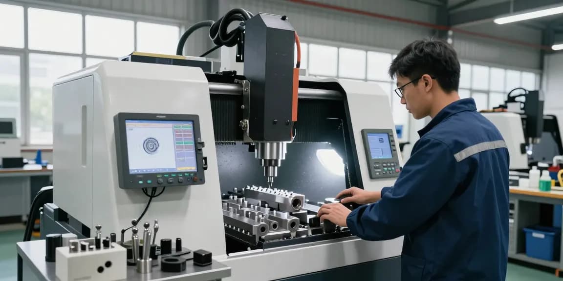 CNC-Bearbeitung in einer modernen Werkstatt, wo ein Techniker an einer CNC-Maschine arbeitet und präzise Bauteile schneidet.
