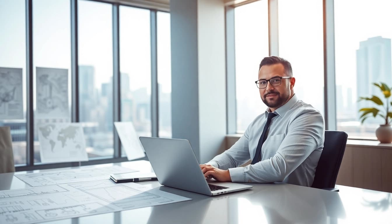 Headhunter Ingenieure in einem modernen Büro mit technischen Zeichnungen und Laptops.