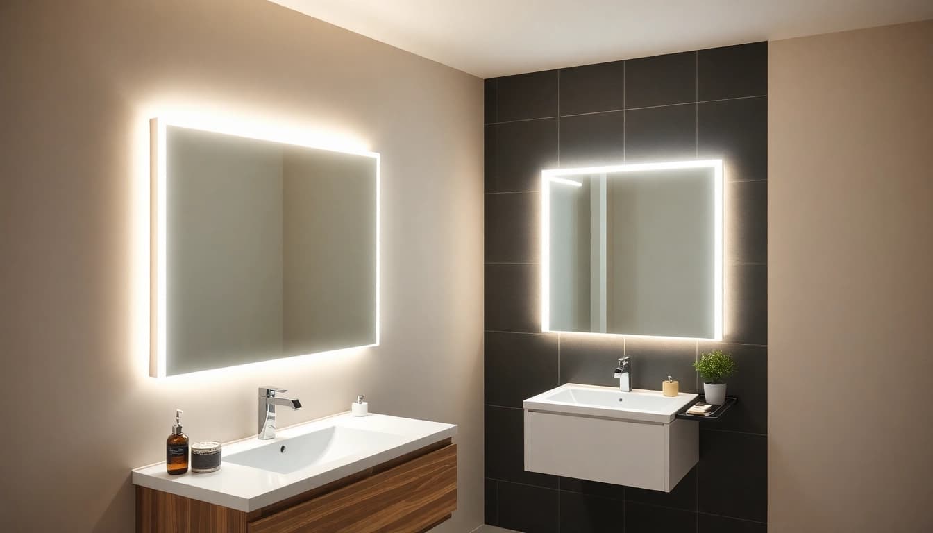Beleuchteter spiegelschrank led im modernen Badezimmer mit eleganten Details.