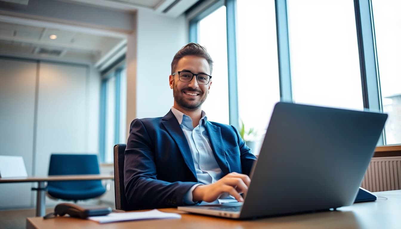 Headhunter Berlin arbeitet fokussiert in einem modernen Büro.