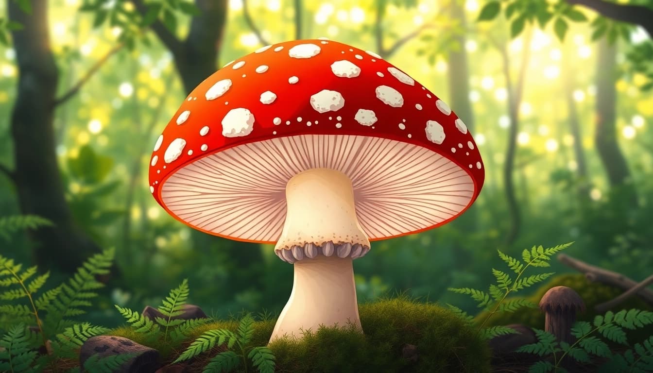 Fliegenpilz Pulver in einer detailreichen Darstellung des Fliegenpilzes in einer zauberhaften Waldlandschaft.
