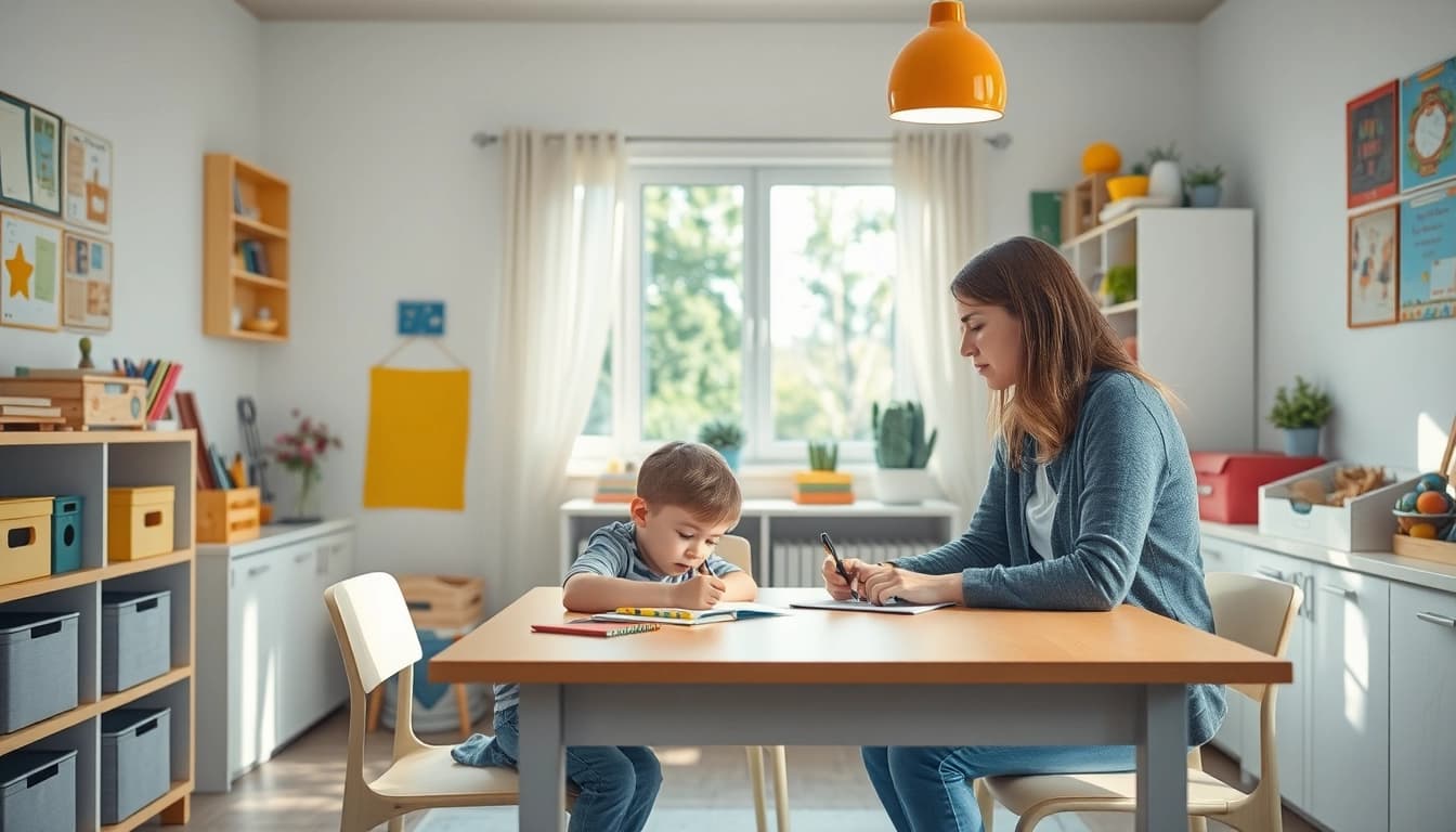 Kind im Heimunterricht am Schreibtisch mit Elternteil; kreative Lernumgebung gestalten.
