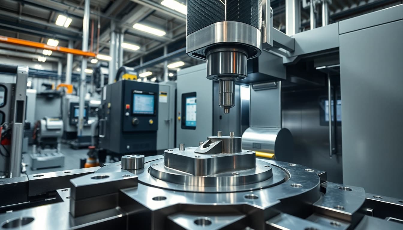 CNC Metallbearbeitung in einem modernen Werkstatt mit präzisen Maschinen und Metallteilen.