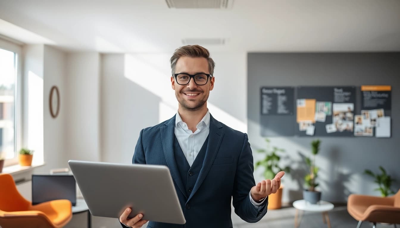 Headhunter Wiesbaden im modernen Büro, am Laptop arbeitend und Lebensläufe prüfend.