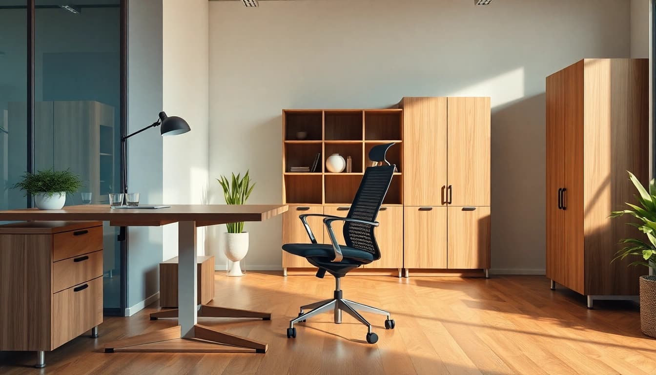 Ergonomische Büromöbel im modernen Arbeitsbereich mit Stil und Funktionalität.