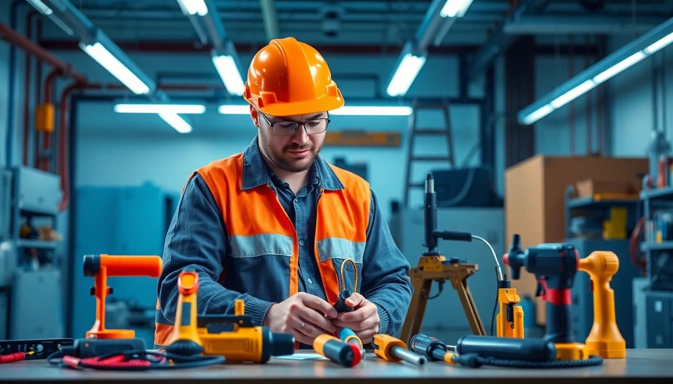 Technician performing a DGUV V3 Prüfung in a clean workshop, ensuring electrical device safety compliance.