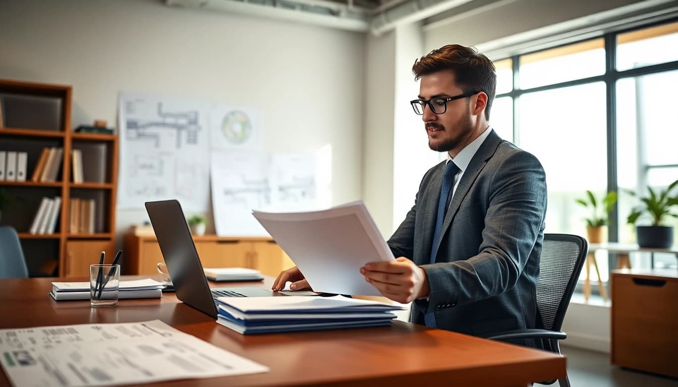 Headhunter Ingenieure evaluieren Lebensläufe in einem modernen Büro mit professionellem Ambiente.