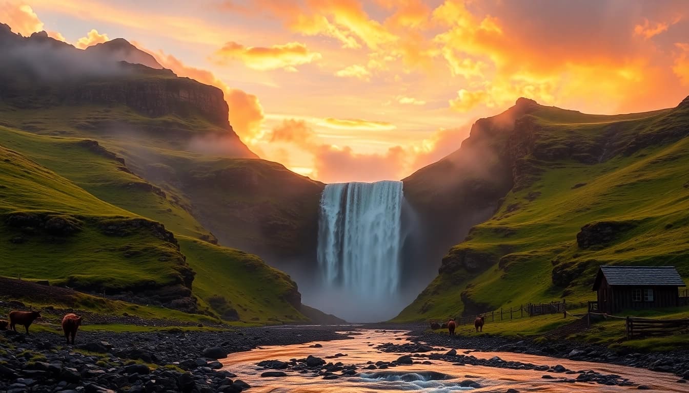 Erleben Sie die atemberaubende Wasserfalllandschaft bei einer Reise nach Island, wo üppige Wiesen auf dramatische Vulkanberge treffen.