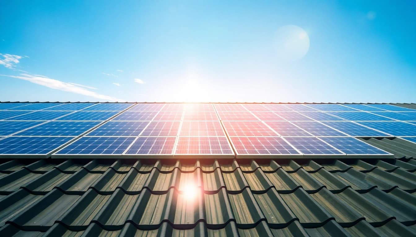 Visualisieren Sie das Solar-Investment auf gepachteten Dachflächen mit einem modernen Solarkraftwerk, das Sonnenstrahlen reflektiert und Nachhaltigkeit fördert.