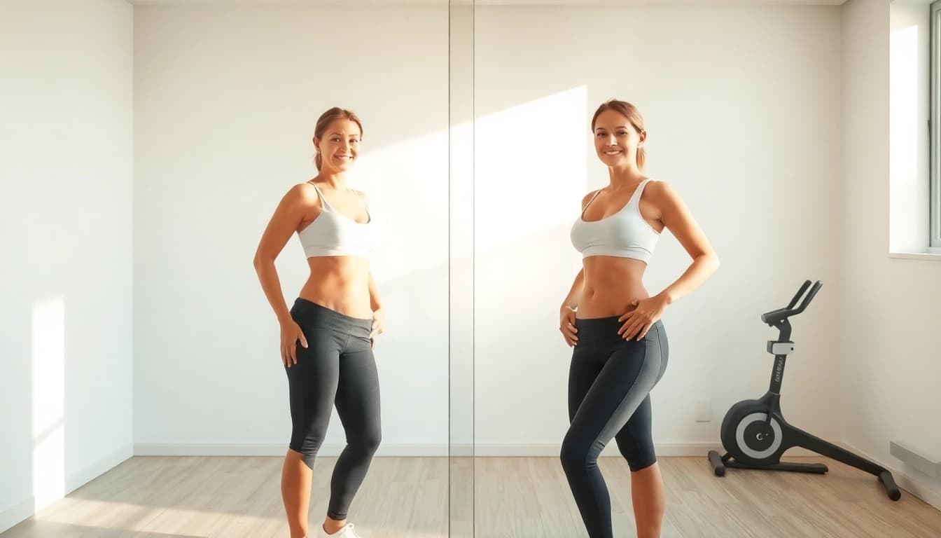 Glückliche Person im Spiegel nach Gewichtsverlust, zeigt Selbstbewusstsein und Fitness.