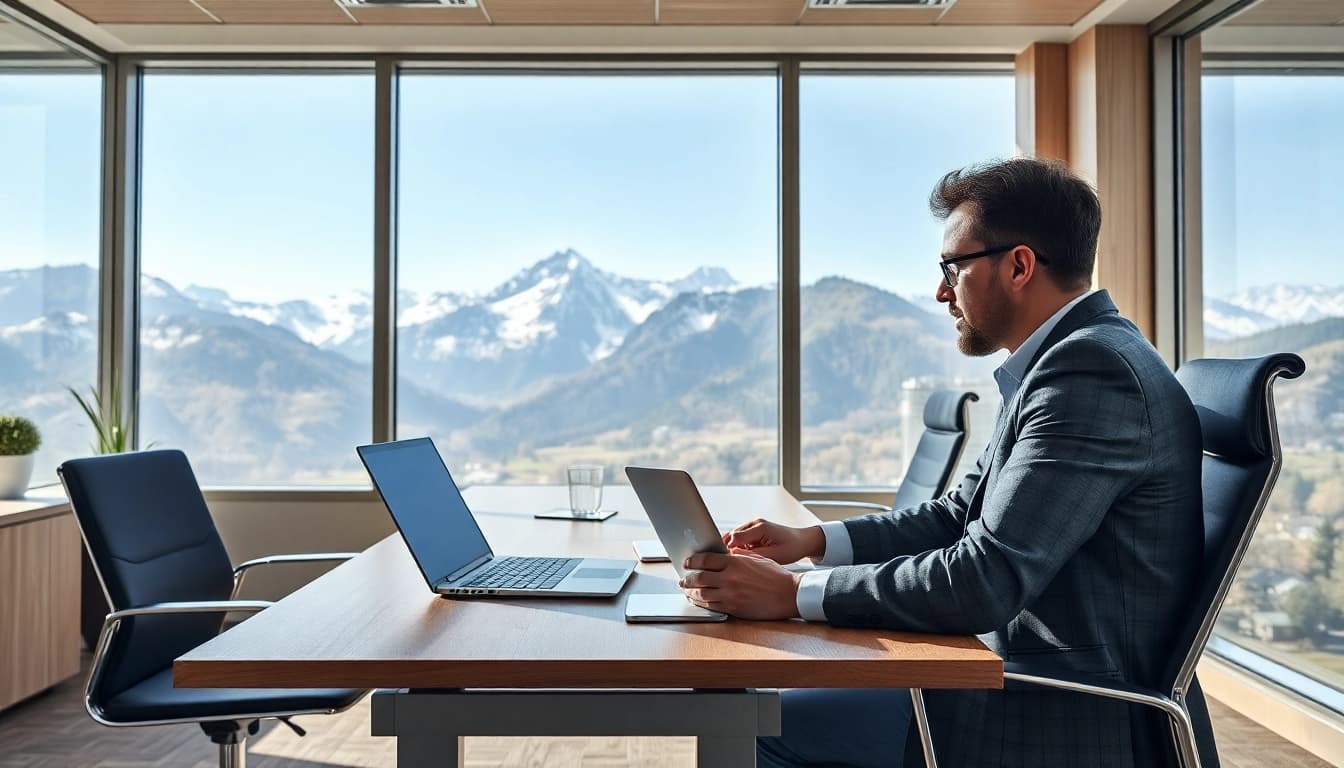 Professioneller Headhunter Schweiz in einem modernen Büro mit Blick auf die Alpen bei einer Besprechung.