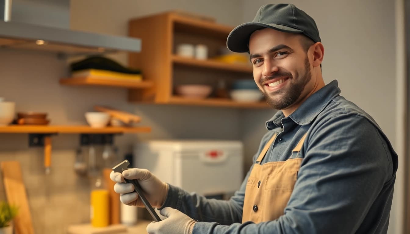 Professioneller Installateur Notdienst, der in einer modernen Küche repariert, symbolisiert schnelle und zuverlässige Hilfe.