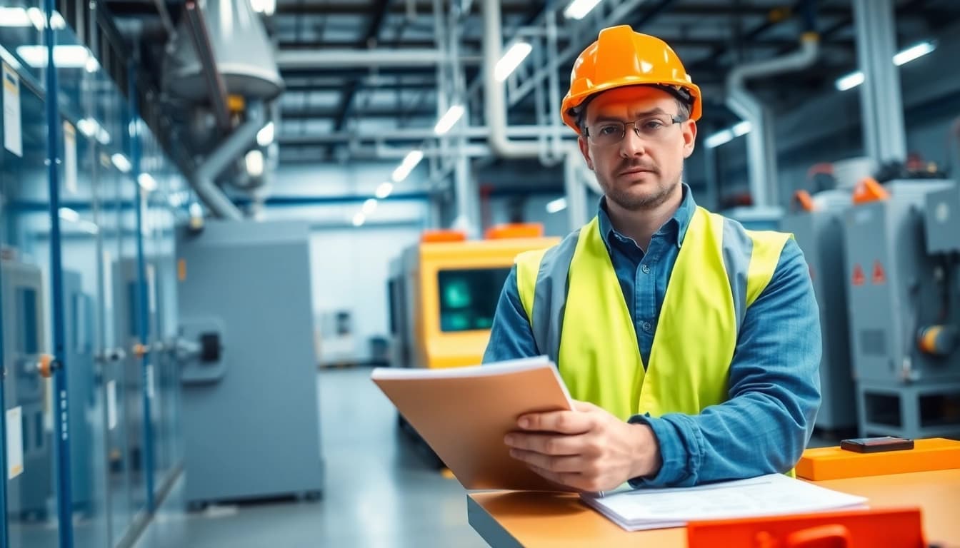 Die DGUV V3 Prüfung wird von einem Techniker in einer industriellen Umgebung durchgeführt.