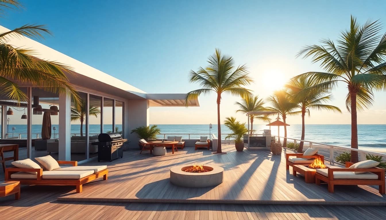 Entspannen Sie in der eleganten Küsten-Cabana mit Palmen und Meerblick.