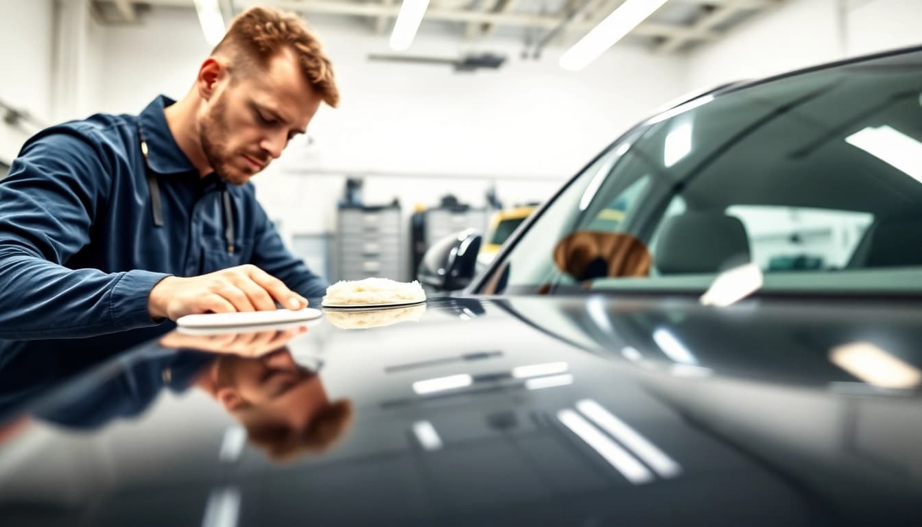 Efficient Leasingaufbereitung München with a technician detailing a vehicle in a bright workshop.