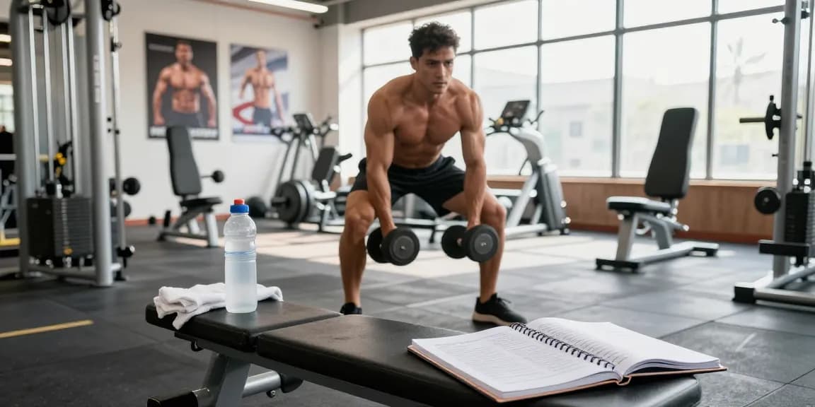 Anabolika Shop: Bodybuilder im Fitnessstudio, der intensiv mit Hanteln trainiert, um Muskelmasse aufzubauen.