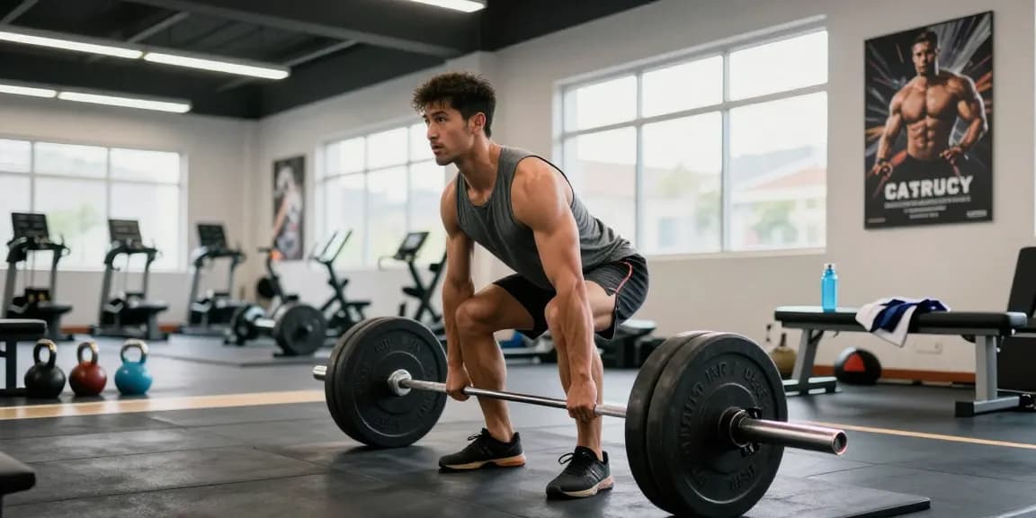 Kraftsportler hebt Gewichte im Steroidshop-Fitnessstudio und demonstriert Krafttraining.