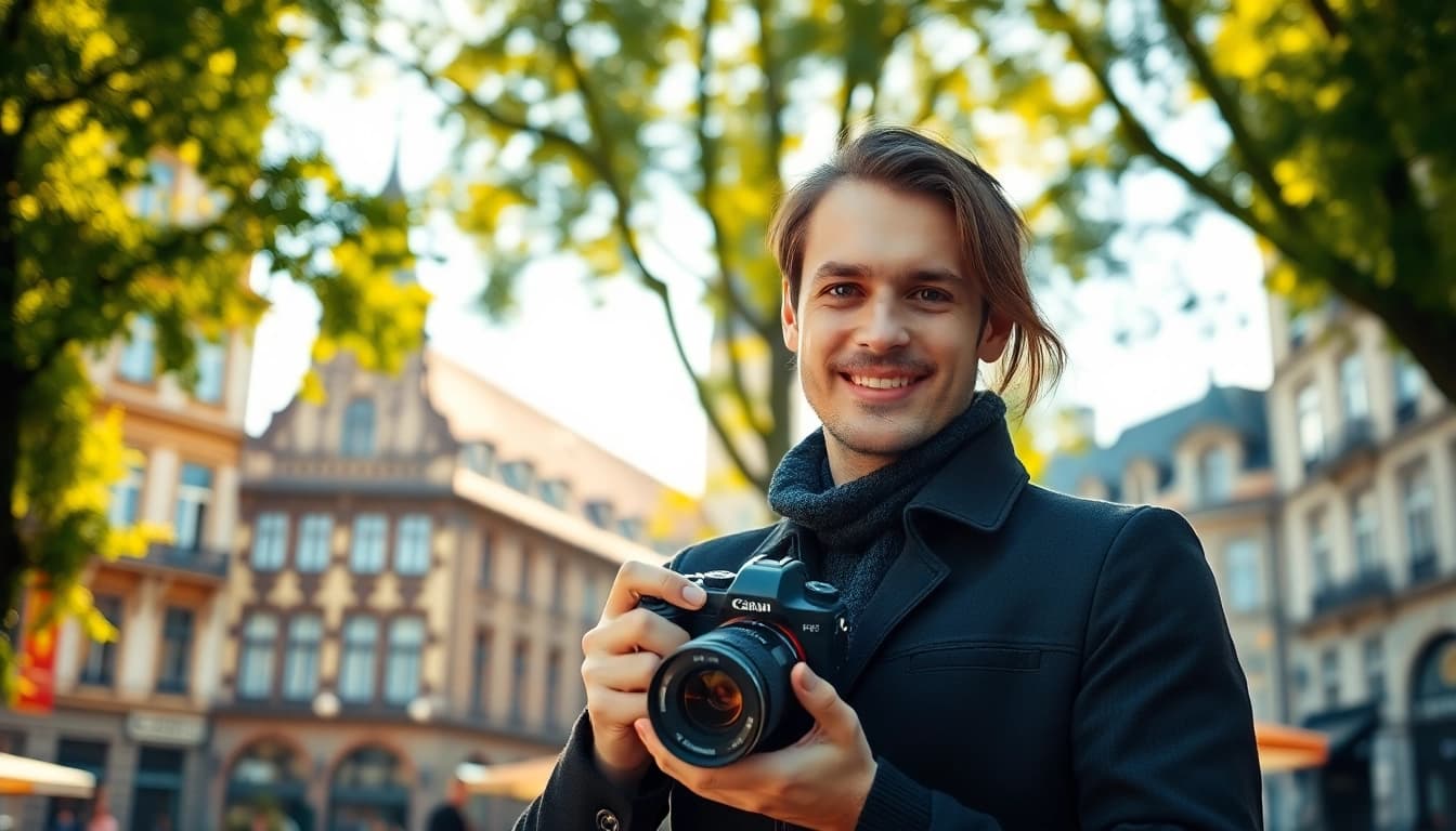 Professioneller Fotograf für Tinder München bereitet Fotoshooting in der Stadt vor