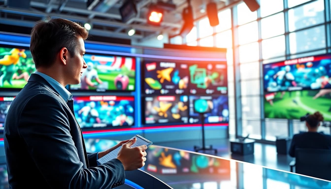 Aktuelle Games News mit einem engagierten Journalisten in einem modernen Nachrichtenraum.
