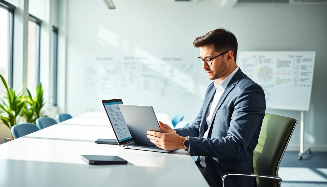 Headhunter IT reviewing resumes in a professional office environment.