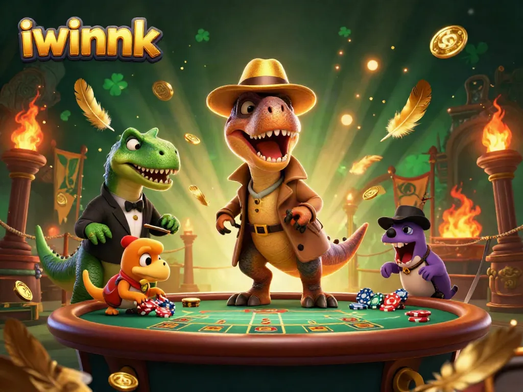 Experience thrilling gameplay at iwinnk with a velociraptor card counter and vibrant casino elements.