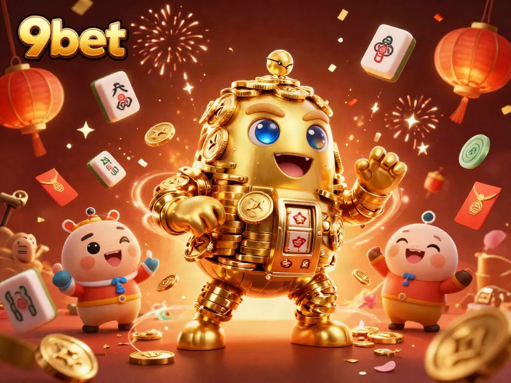 Experience the vibrant world of 9bet with colorful casino elements and playful golden golem.