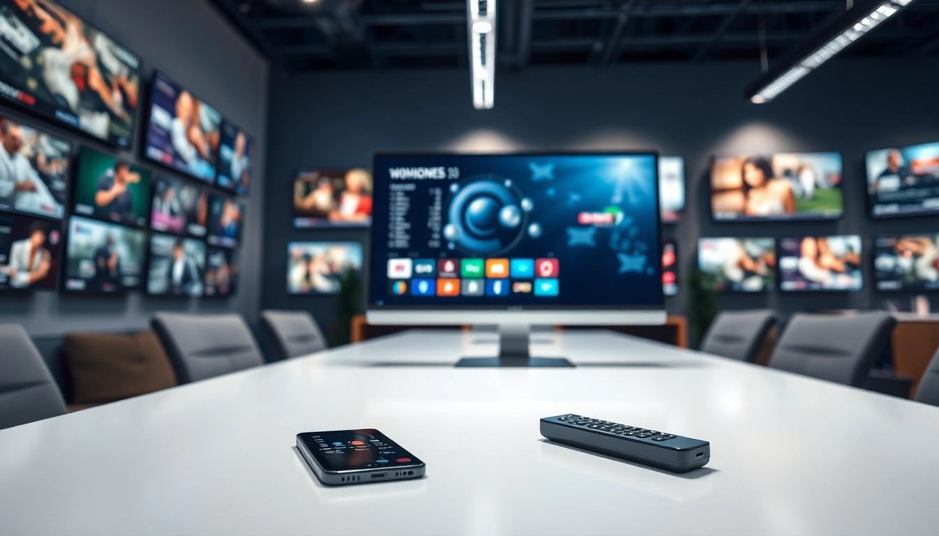 Iptv Anbieter mit modernem Arbeitsbereich und technologischen Elementen.