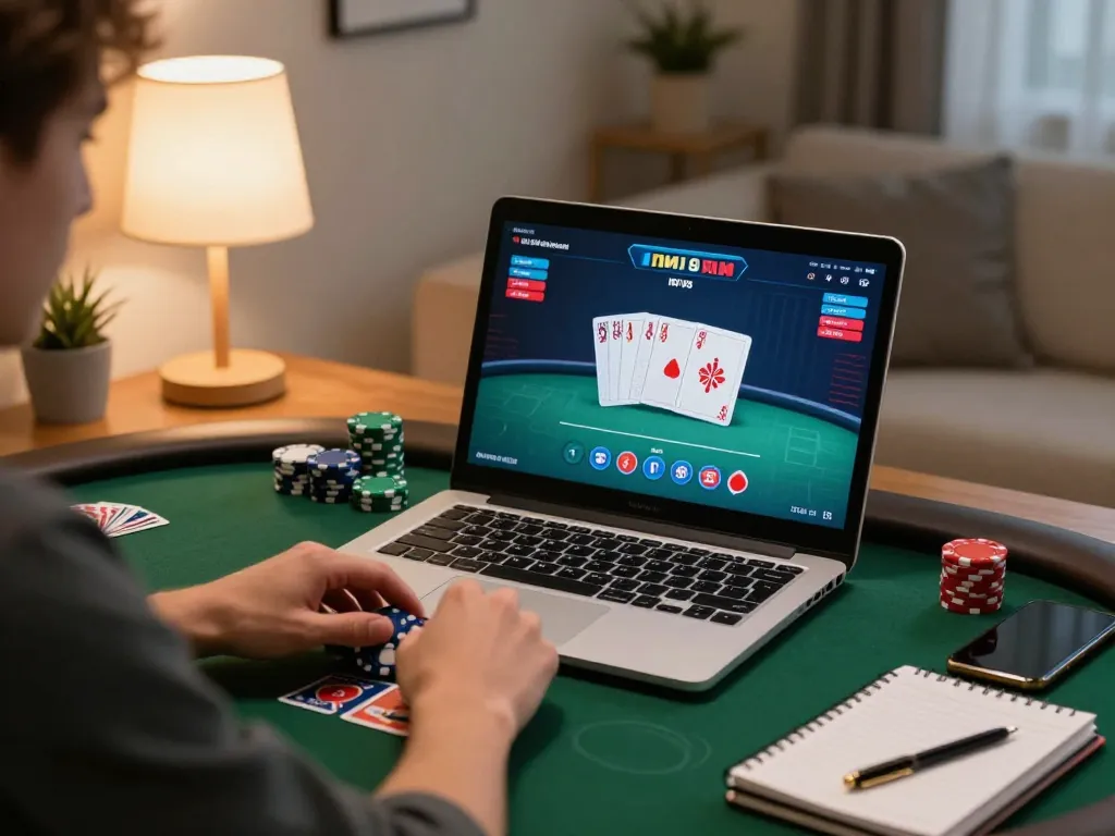 Player engaged in online poker gaming at home on a laptop, showcasing 78WIN gaming features and strategic betting.