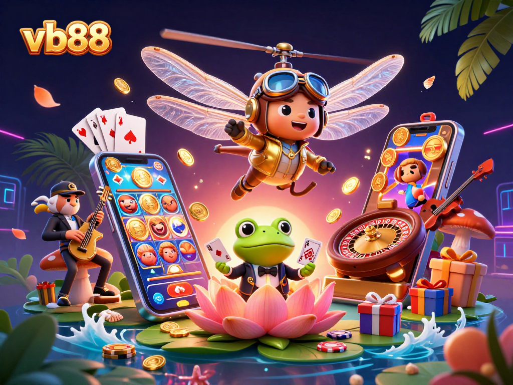 Engage with vb88's vibrant casino scene, showcasing card dealing, jazz musicians, and dynamic slot games.