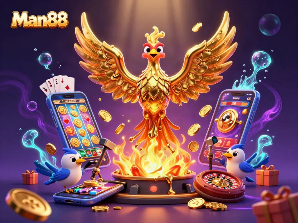 Experience thrilling gameplay with Man88, featuring golden phoenix and dynamic casino elements.