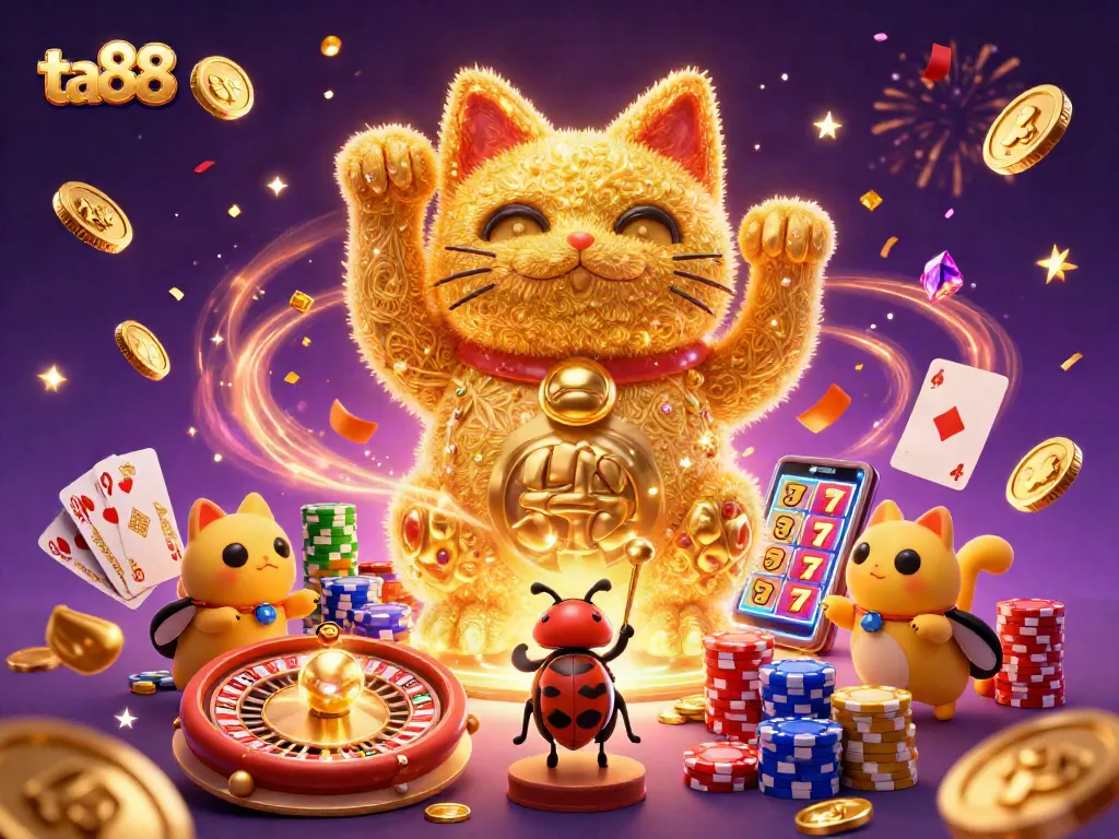 Experience the excitement of ta88 with a golden lucky cat and dynamic casino symbols.