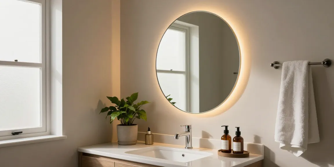 Stijlvolle ronde spiegel boven een moderne wastafel in een chique badkamer, die warm licht weerkaatst.