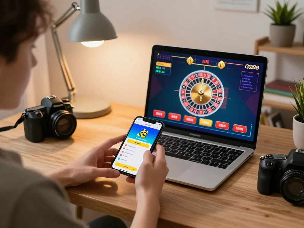 Enjoying đăng ký qq88 through mobile gaming, user engaged with casino app on smartphone and laptop.