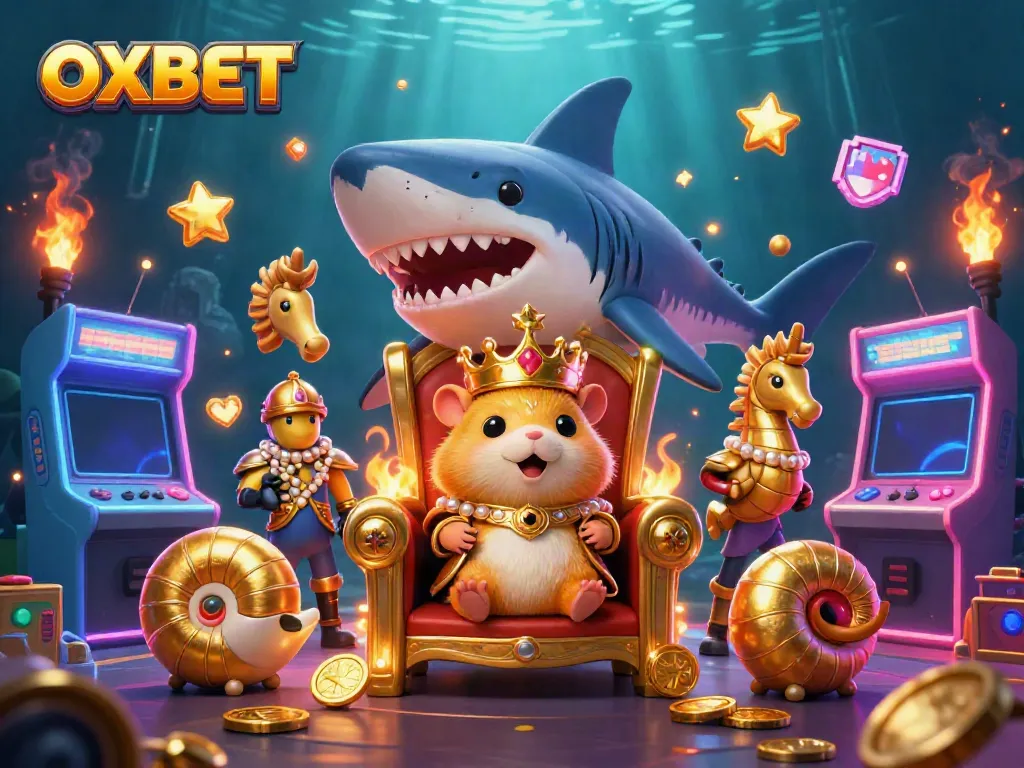 Play exciting games at OXBET with a vibrant underwater theme featuring a hamster king and arcade elements.
