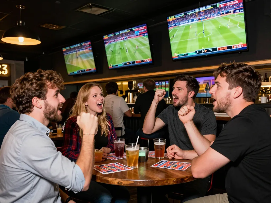 Watchballonline sports betting scene with patrons cheering for live events.